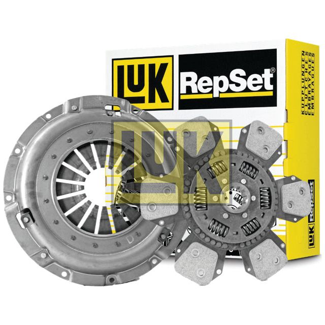 Image of a Sparex Clutch Kit without Bearings (S.147319), featuring the clutch cover and torsion sprung clutch disc, positioned in front of the product's yellow and white branded packaging.