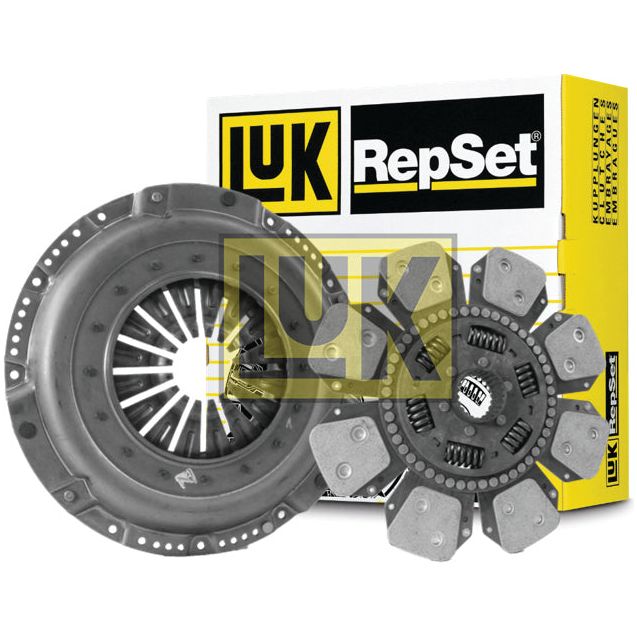 Image of a Sparex Clutch Kit without Bearings - S.147327 with its packaging. The kit, featuring a cover size appropriate for most applications, includes a single cover pressure plate and a cerametallic loose disc, all presented against a white background.