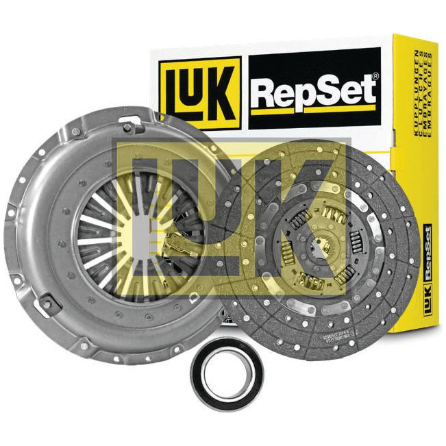 A Sparex S.147340 Clutch Kit with Bearings, featuring a 350mm cover, clutch disc, and release bearing, showcased against its distinctive yellow and black branded packaging in the background.