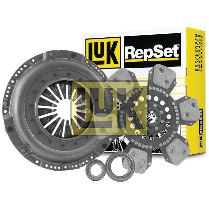 A Sparex clutch kit, featuring a pressure plate, Dual Segment Cushion clutch disc, release bearings, and alignment tool, displayed in front of a Clutch Kit with Bearings - S.147348 box.