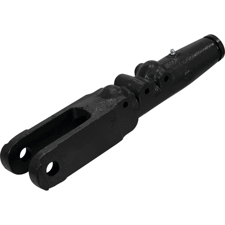 The Levelling Box Fork - 7/8 UNC (Sparex Part No.S.14748) by Sparex is a black, heavy-duty metal tow bar with bolt holes for attachment, featuring a fork hole diameter of 19.5mm and an external width of 83mm.