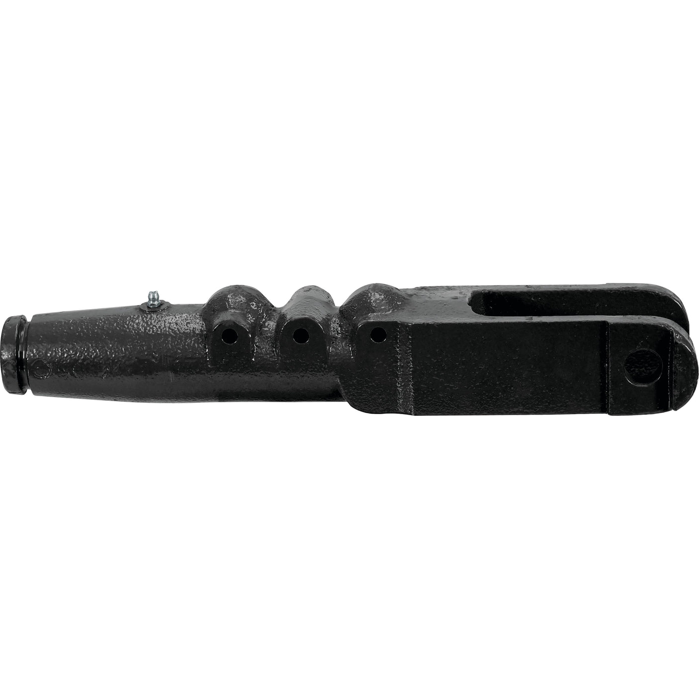 The Sparex Levelling Box Fork - 7/8 UNC (Sparex Part No. S.14748) is a black, metal industrial tool component featuring a cylindrical base, a segmented middle, and an open rectangular end for attachment. It has a length of 347mm and includes a fork hole with a diameter of 19.5mm.