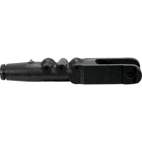 The Sparex Levelling Box Fork - 7/8 UNC (Sparex Part No. S.14748) is a black, metal industrial tool component featuring a cylindrical base, a segmented middle, and an open rectangular end for attachment. It has a length of 347mm and includes a fork hole with a diameter of 19.5mm.