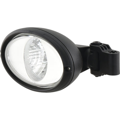 The Oval Halogen Work Light RH - 12V (55W) by Sparex (S.147636) is black, features a transparent front cover, and comes with an IP66 rating. It includes a right-side mounting bracket and is equipped with a halogen bulb for illumination.