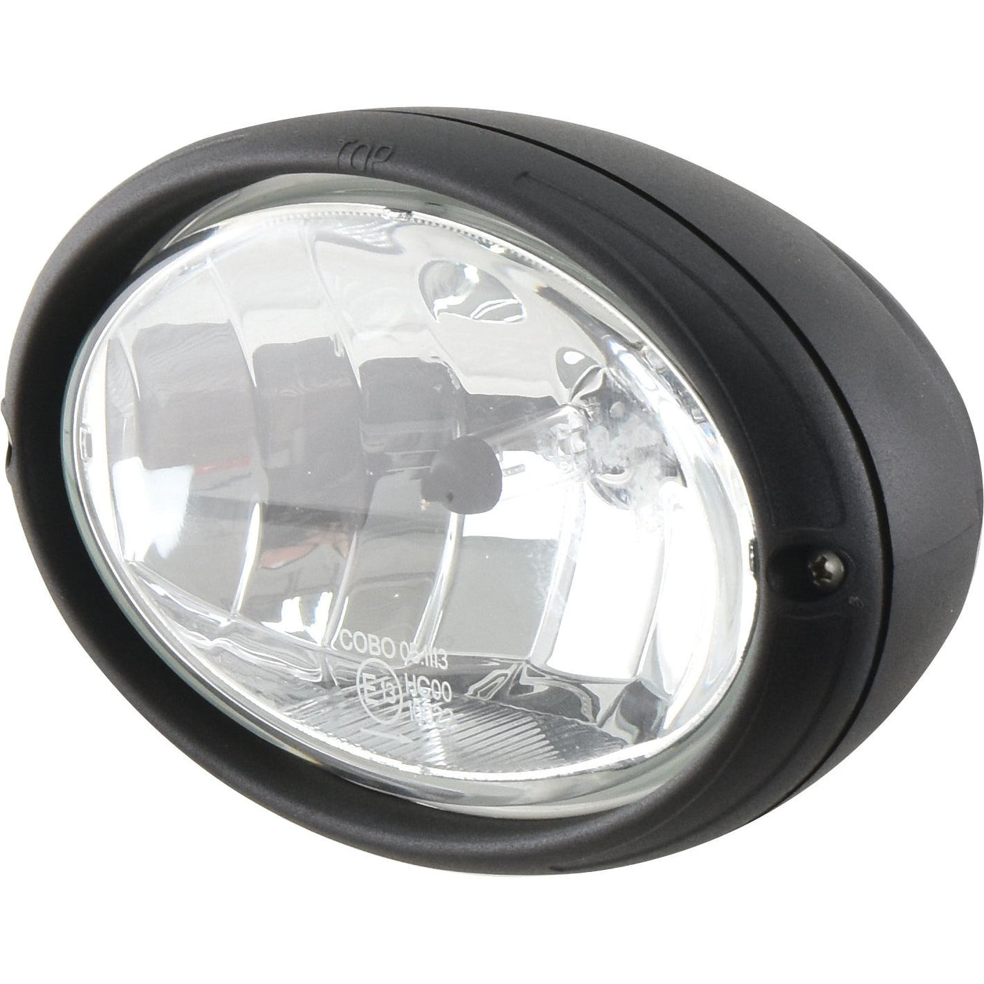 Close-up of the Halogen Work Light Oval LH - 12V (55W) - S.147644 by Sparex, featuring an oval-shaped, clear lens halogen automotive headlight with a black housing. Its robust design ensures durability, making it a reliable IP66 rated work light suitable for various conditions.