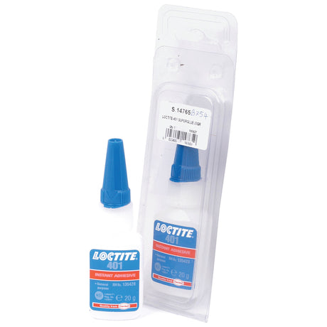 A bottle of Super Glue 401 - 20gr - S.14765 from Sparex next to its packaging. The bottle, featuring a blue cap and orange and blue labeling, is known for fast curing and universal bonding. The semi-transparent packaging is labeled with detailed product information.