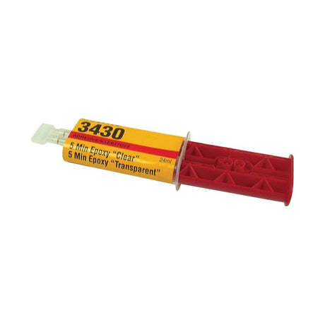 The Sparex Fast Epoxy 3430 - 24ml - S.14769 is a yellow and red dual syringe tube containing a 2-component epoxy with a 5-minute setting time and an optically clear bond line.