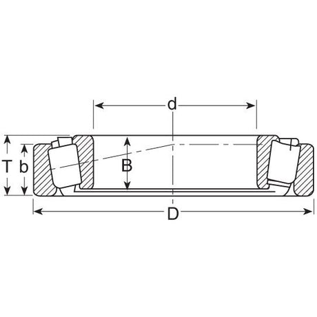 A technical diagram of the NTN SNR Taper Roller Bearing (32010XU) - S.147717, branded by Sparex, showcasing a cross-sectional view with labeled dimensions D, d, B, T, and b to indicate various measurements of the bearing components. This bearing belongs to their metric series.