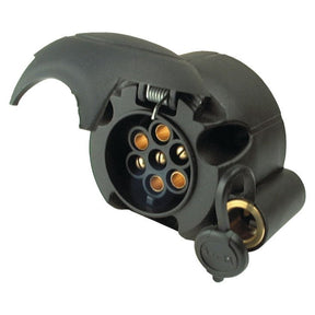 The Sparex 7 Pin Trailer Socket Female with Screw Connectors & Jack Plug (Plastic) | Sparex Part No.S.14782, featuring a black design with multiple copper connectors and a durable plastic casing, is shown, designed for connecting electrical systems between a tow vehicle and trailer.