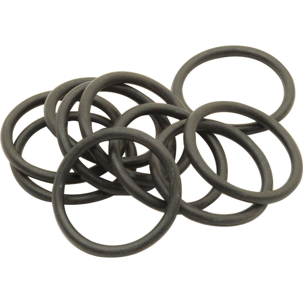 A pile of ten Sparex O Ring 2.5 x 21mm 70 Shore, known for their black nitrile rubber composition and a temperature range of -40°C to +135°C, rests on a white background.