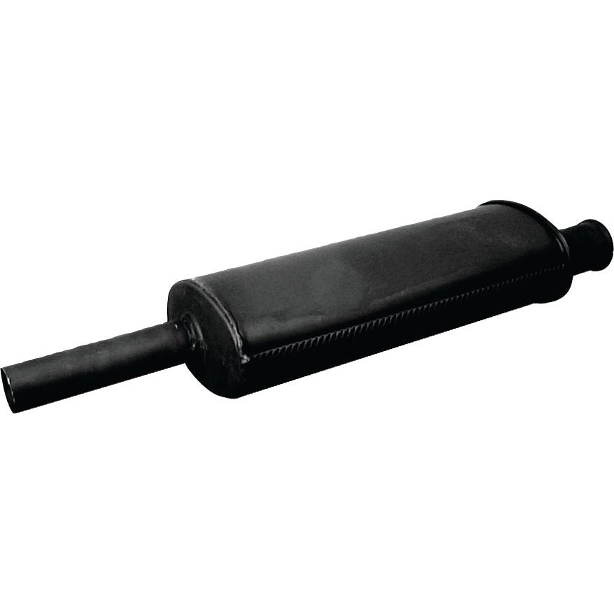 A black cylindrical Silencer - Vertical - S.14819 by Sparex, featuring two connecting pipes and coated in heat-resistant paint, displayed on a plain white background.