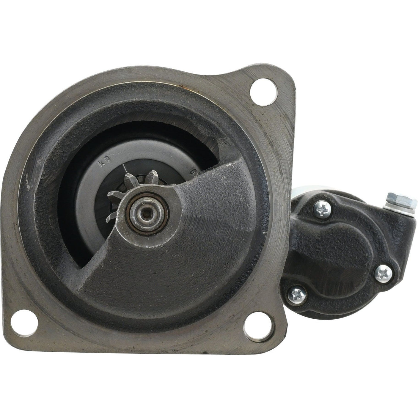 A turbocharger design featuring visible turbine and housing, complete with mounting holes on the flange, reflecting the quality craftsmanship reminiscent of Mahle, similar to the precision found in the Starter Motor - 24V, 4Kw (Mahle) by Sparex.