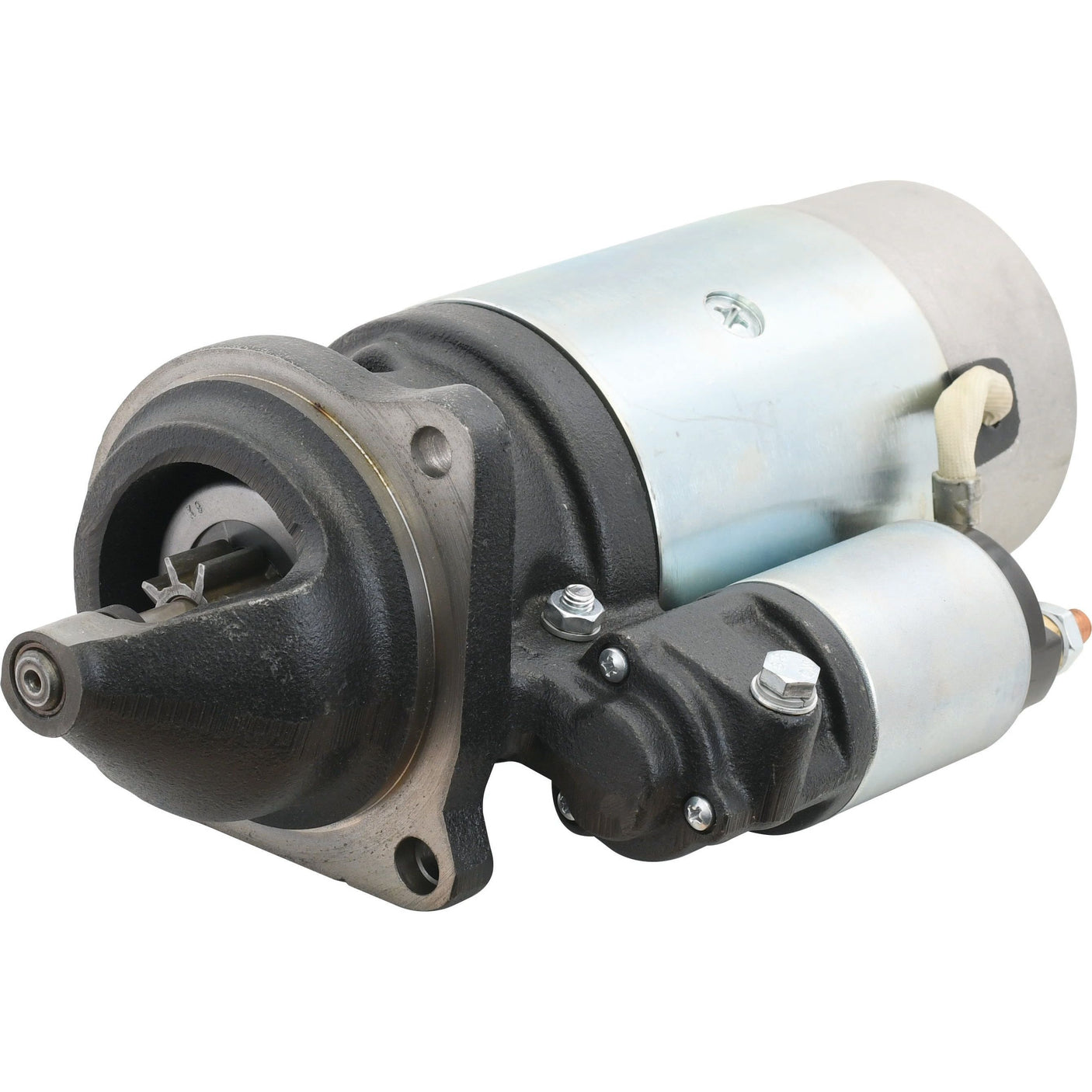 A close-up of the Sparex Starter Motor - 24V, 4Kw (Mahle) | Sparex Part No.S.148214 featuring a metallic housing along with various bolts, connectors, and cylindrical components.