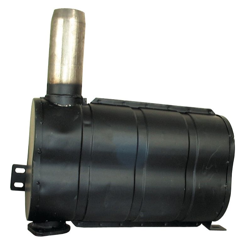 The Silencer - Underhood - S.14823 from Sparex is a black, cylindrical metal stove designed for heating or cooking purposes. It features a short chimney stack, a heat-resistant paint coating, and is intended to be placed on a flat surface.