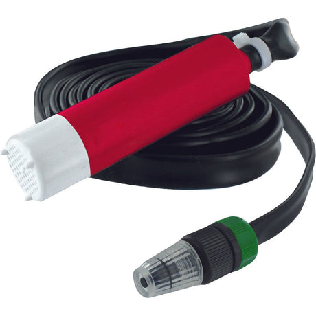 The Sparex Submersible Pump (12V) - S.14830 features a red hand pump with a long black hose connection, a white intake equipped with a filter, and a clear nozzle ending in a green cap. It is ideal for efficient water transfer or diesel refueling needs.