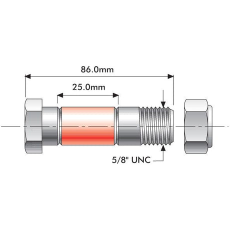 Technical drawing of a Sparex Shear Bolt (Part No.S.14832) showing dimensions: overall length is 86.0mm, middle section is 25.0mm, and thread is 5/8" UNC, designed to fit as Dowdeswell 900481.