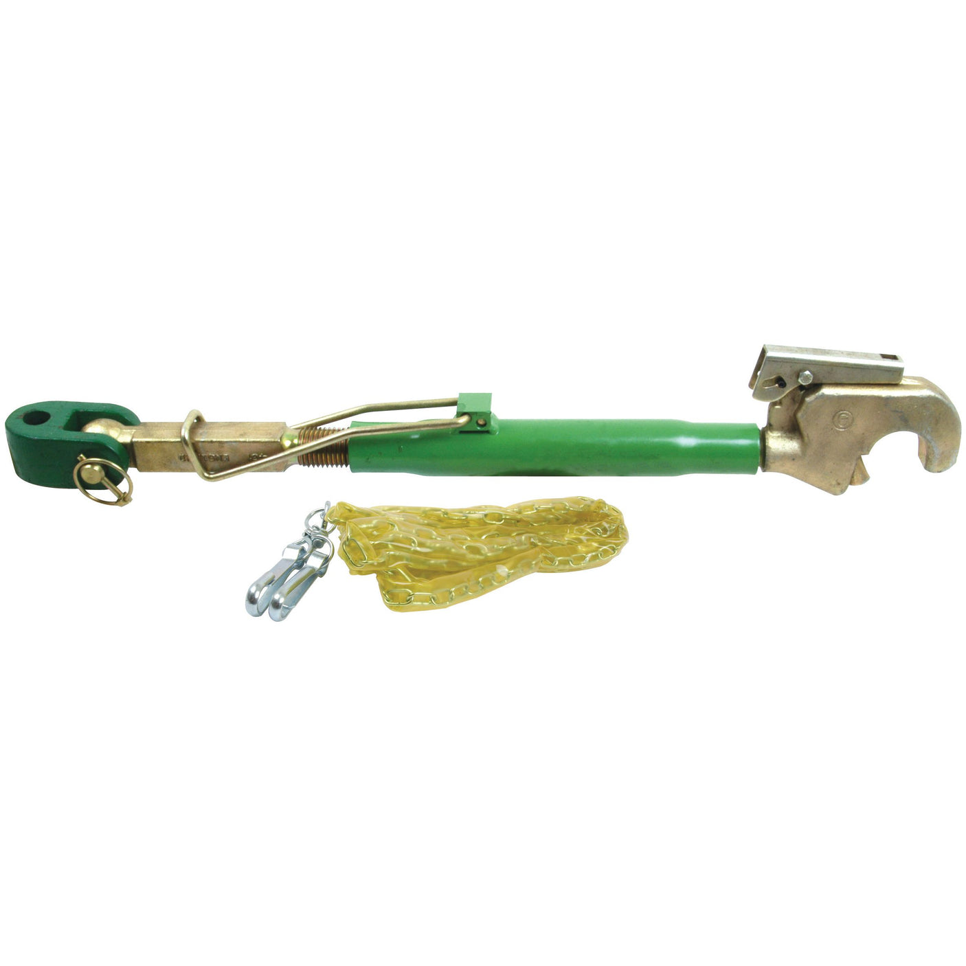 Introducing the Top Link Heavy Duty (Cat.20mm/2) Knuckle and Q.R. Hook by Sparex, featuring a 1 1/4'' knuckle and a minimum length of 560mm - S.14862. This robust green load binder with hook and chain is designed for securing cargo, making it perfect for John Deere replacement parts or as one of your essential tractor accessories.