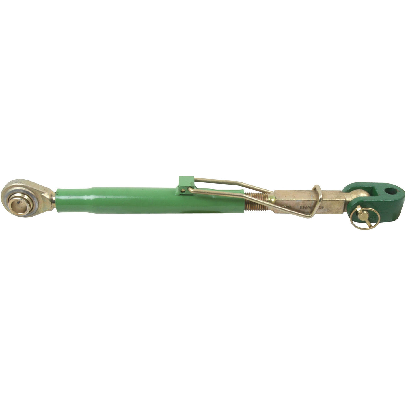 Introducing the Sparex Top Link Heavy Duty (Cat.20mm/2) with Knuckle and Ball, 1 1/4'', featuring a minimum length of 560mm - S.14867, a green adjustable linkage rod with metal joints and brackets for mechanical applications, ideal for John Deere tractors.