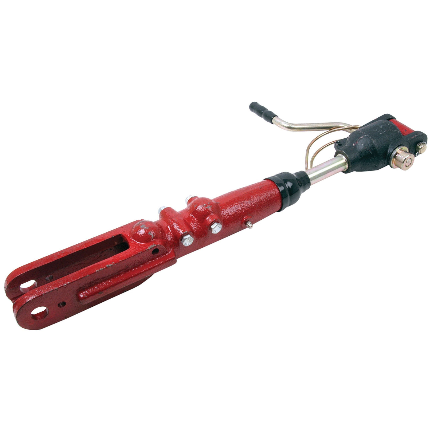 The Sparex Levelling Box Assembly (Part No. S.14873) features a red hydraulic cylinder with a black lever and metal tubing, including a Fork Hole Ø 19mm, and is typically used in machinery for lifting and moving heavy objects.