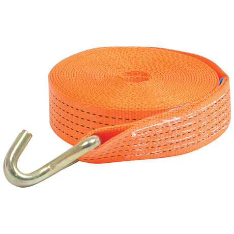 A neatly rolled Loadbinder Webbing from Sparex (Sparex Part No. S.14884), featuring black dotted lines on durable 50mm webbing and a metal J Hook at one end.