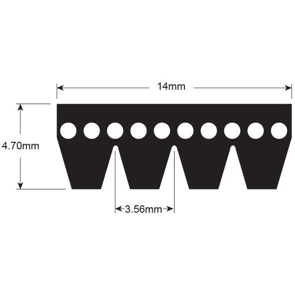 Technical drawing of a black gear profile reminiscent of the precision seen in a Sparex Poly V / Multi-Rib Belt - PK Section - Belt No. 4PK1065 (Sparex Part No. S.149081), with dimensions: height of 4.70mm, width of 14mm, and individual tooth gaps of 3.56mm.