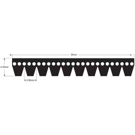 The Sparex Poly V / Multi-Rib Belt (Belt No. 10PK2560) is a black, comb-like object with triangular teeth and a series of circular holes above. With precise dimensions of 4.70mm height, 3.56mm width, and 35mm length, it is ideal for maintaining the precision of your Case IH Puma machinery.
