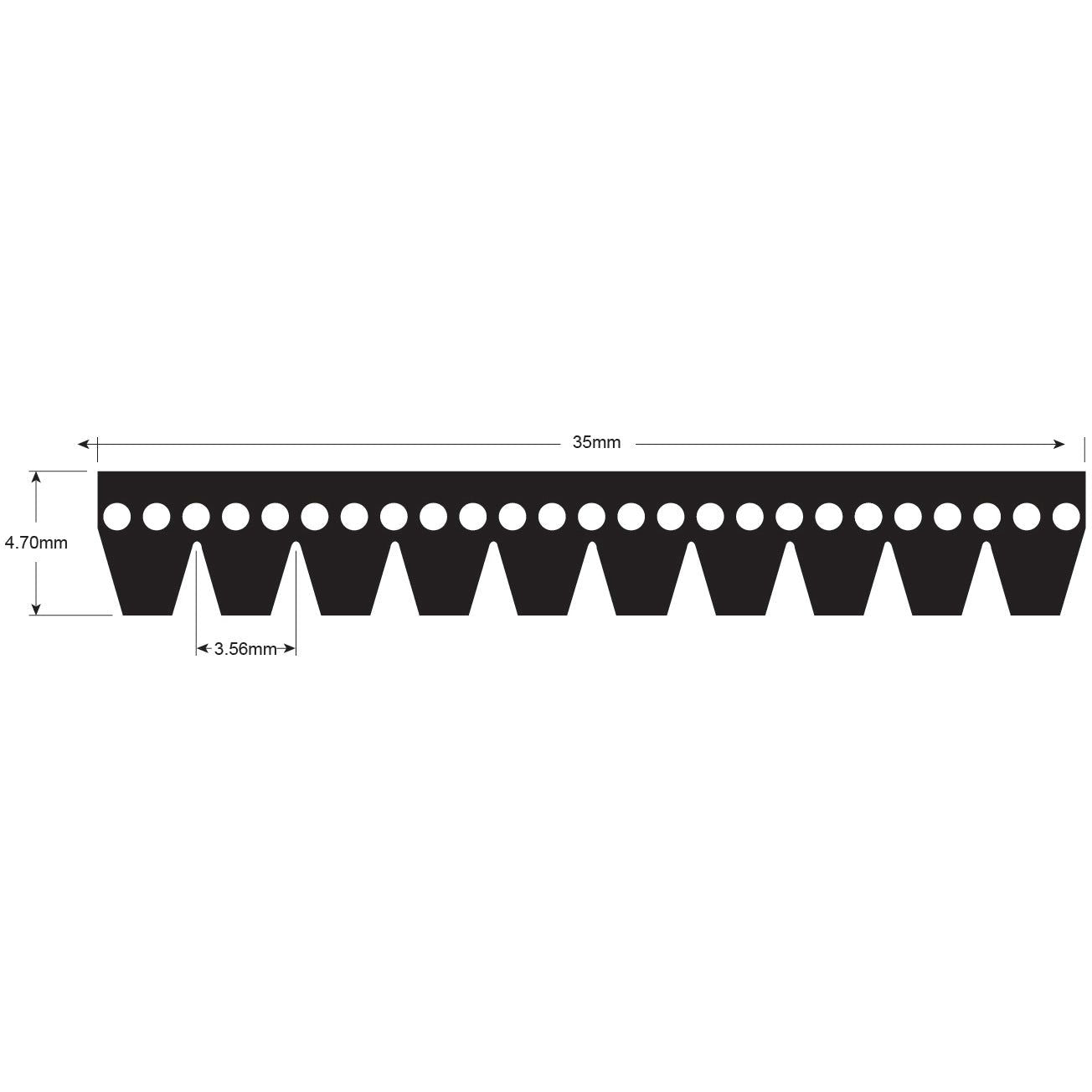 A diagram of a toothed strip with circular holes, featuring dimensions: 47.0mm height, 35mm length, and 3.56mm between tooth points, resembles the precision found in a Poly V / Multi-Rib Belt (PK Section - Belt No. 10PK1890) by Sparex (Sparex Part No.S.149104).