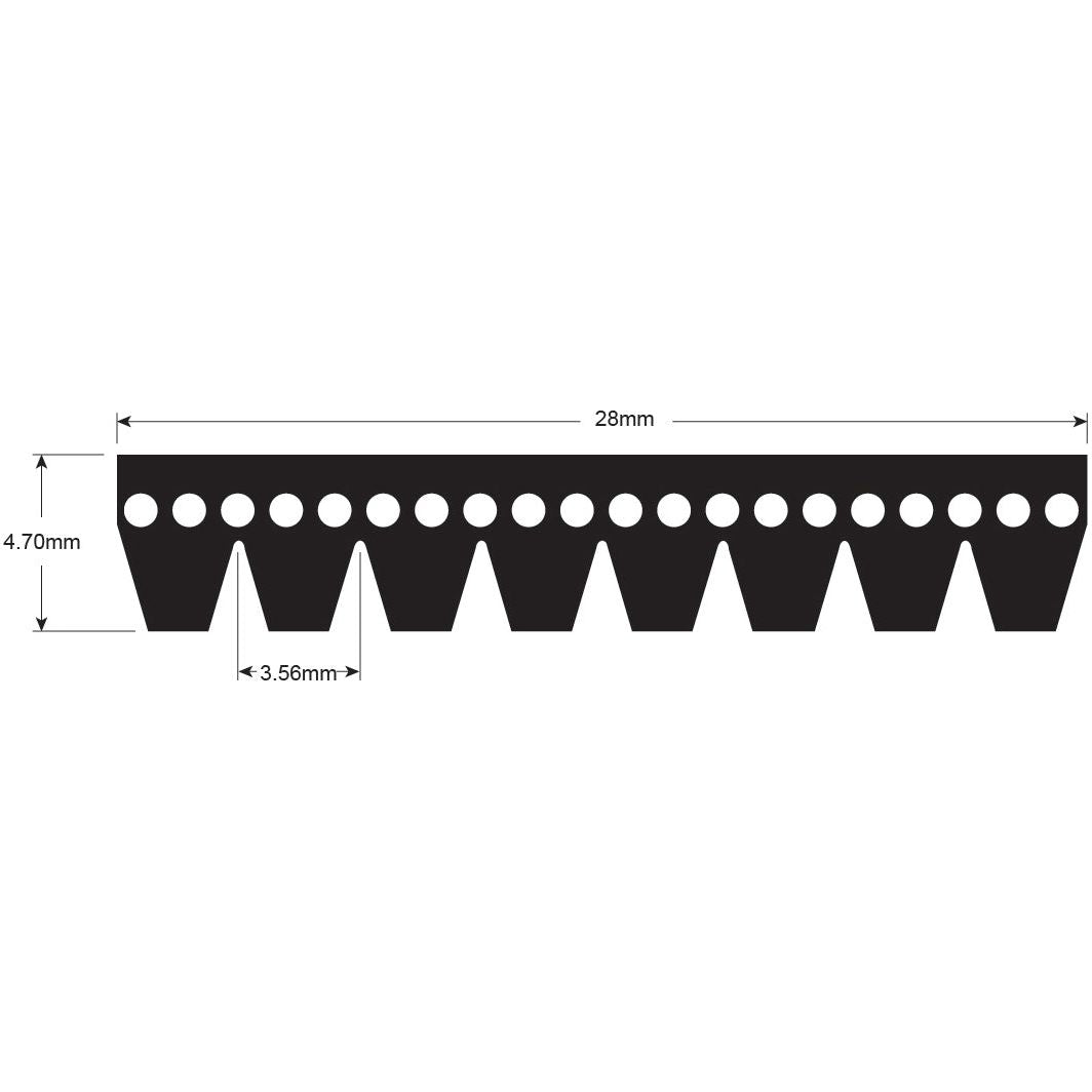 Illustration of a toothed metal strip with 11 triangular teeth and a row of small circular holes, featuring precise dimensions such as a width of 28mm, height of 4.70mm, and spacing between teeth at 3.56mm, mirroring the accuracy typically seen in the Sparex Poly V / Multi-Rib Belt - PK Section - Belt No. 8PK2365 (Sparex Part No. S.149114).