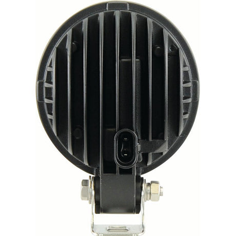 Close-up view of the back of a round John Deere LED Work Light by Sparex, featuring cooling fins and a mounting bracket, delivering 4800 lumens.