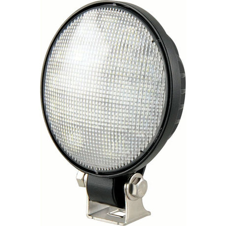 The John Deere LED Work Light (S.149213) by Sparex is a round, black, and silver floodlight featuring a mesh-covered lens and a mounting bracket at the base. Delivering an impressive 4800 lumens raw and rated with IP69K for ultimate protection, this robust light is perfect for demanding environments. The unit supports 10-30V input voltage and offers Class 3 interference protection.