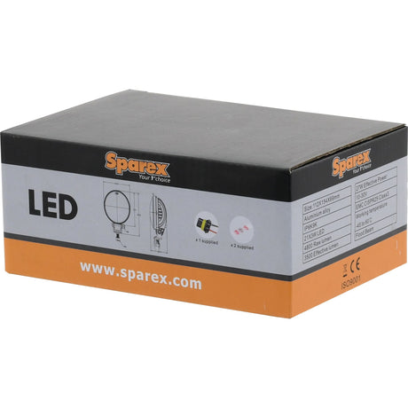 A rectangular box labeled "John Deere LED Work Light" under the Sparex brand contains a high-performance LED Worklight. The box is predominantly grey with orange accents and includes product specifications, an image of the contents, and highlights its IP69K rating and 4800 Lumens output.