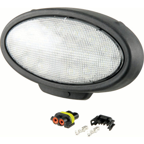 A John Deere LED Work Light by Sparex, offering 4100 Lumens Raw at 10-30V and classified as Interference Class 3 (S.149215), is depicted with an oval-shaped car headlight accented by a black border, along with connectors and small metal components.