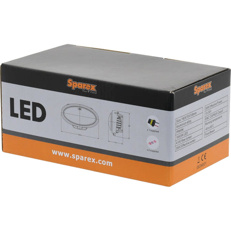 Box for a John Deere LED Work Light by Sparex. Features include 10-30V operation, 4,100 lumens raw output, Class 3 interference rating. The box displays product diagrams and instructions along with a DT Connector for easy installation.