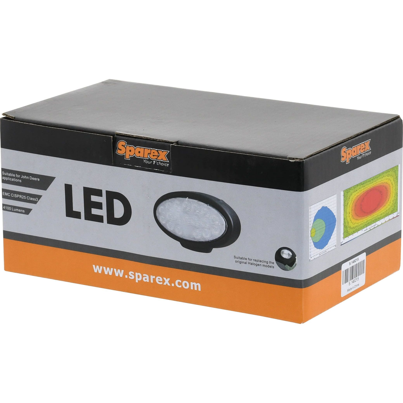 A boxed John Deere LED Work Light from Sparex, featuring product details, a DT connector, and performance charts on the packaging. This model is designated as S.149215 and meets Class 3 interference standards, boasting a raw output of 4100 lumens and an operating voltage range of 10-30V.