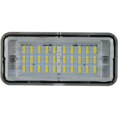 The John Deere LED Work Light by Sparex features multiple yellow diode strips encased in a clear, transparent cover, and framed by a sleek black border. Emitting 3500 lumens and rated IP69K for maximum durability, this rectangular work light operates on 10-30V and meets Interference Class 3 standards.