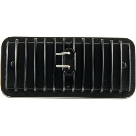 Close-up image of a black rectangular vent cover with horizontal slats and two white prongs in the center, reminiscent of the durability you'd expect from the John Deere LED Work Light by Sparex, known for its Class 3 interference protection.