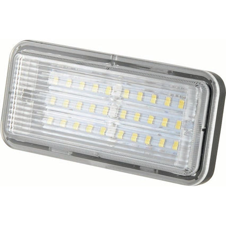 Sparex John Deere LED Work Light, featuring a clear, ridged cover and multiple small yellow LED bulbs arranged in rows inside, delivers 3500 lumens of brightness. It operates within a voltage range of 10-30V and adheres to Interference Class 3 standards. Model number S.149216.