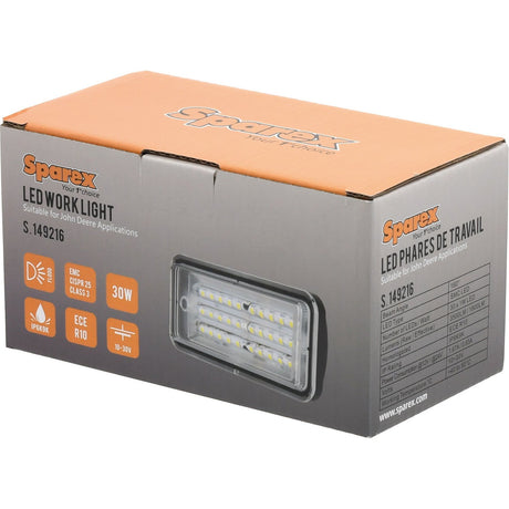 Box of a John Deere LED Work Light by Sparex, model S.149216, suitable for John Deere applications. The orange and grey box displays specifications including 30W, 3500 Lumens raw, IP69K rating, Class 3 interference, and other technical details.