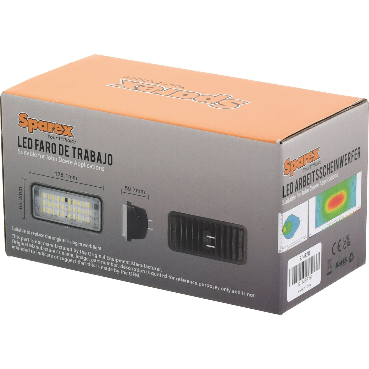 Box for the Sparex John Deere LED Work Light (3500 Lumens Raw, Interference: Class 3, 10-30V - S.149216), featuring text in English, Spanish, and German. The box includes product specifications and a diagram. Branding and product images are prominently displayed on the IP69K-rated packaging.