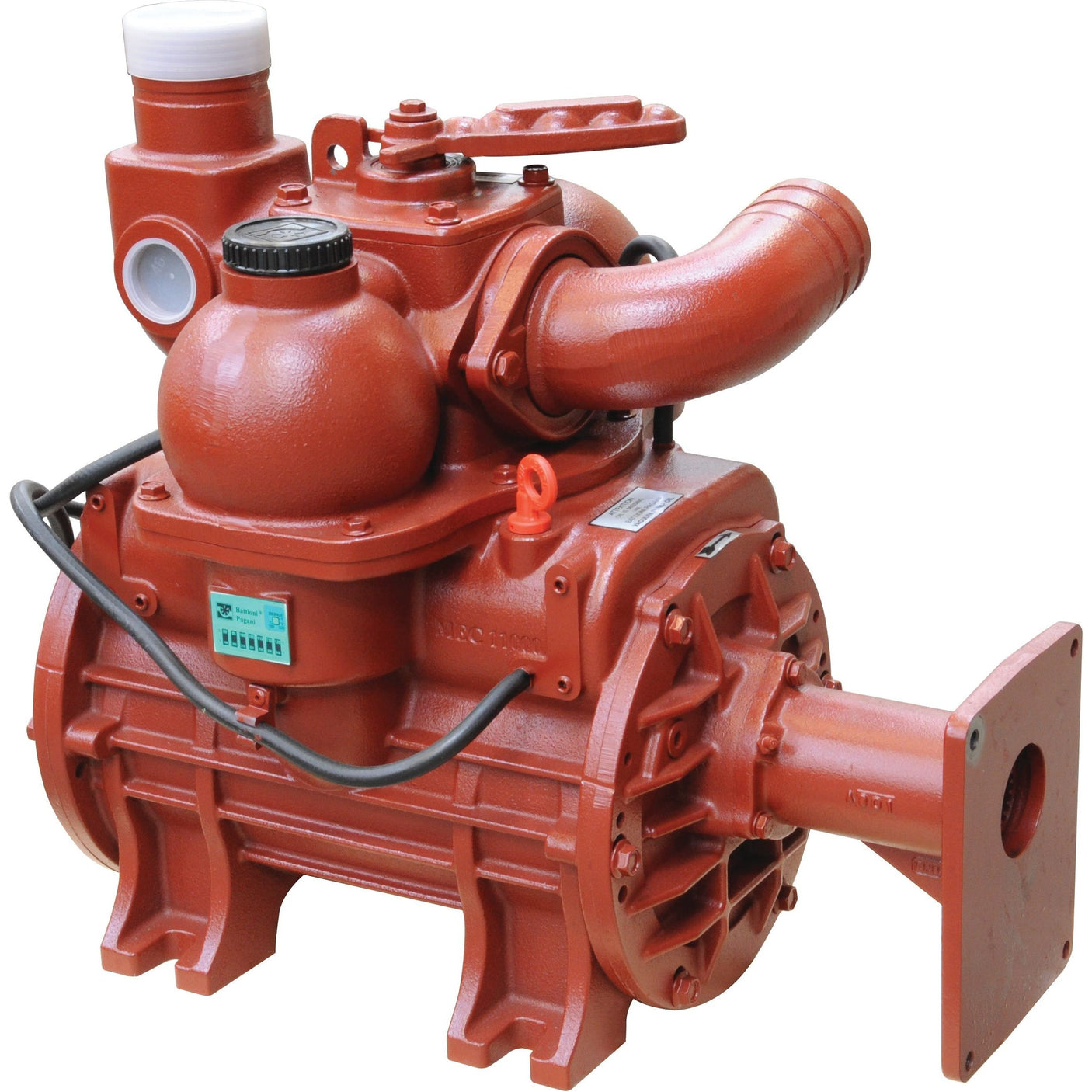 The Sparex Vacuum Pump MEC11000H is a red industrial pump with visible pipes and components, featuring a hydraulic motor and a manual lubrication system to ensure maximum working pressure.