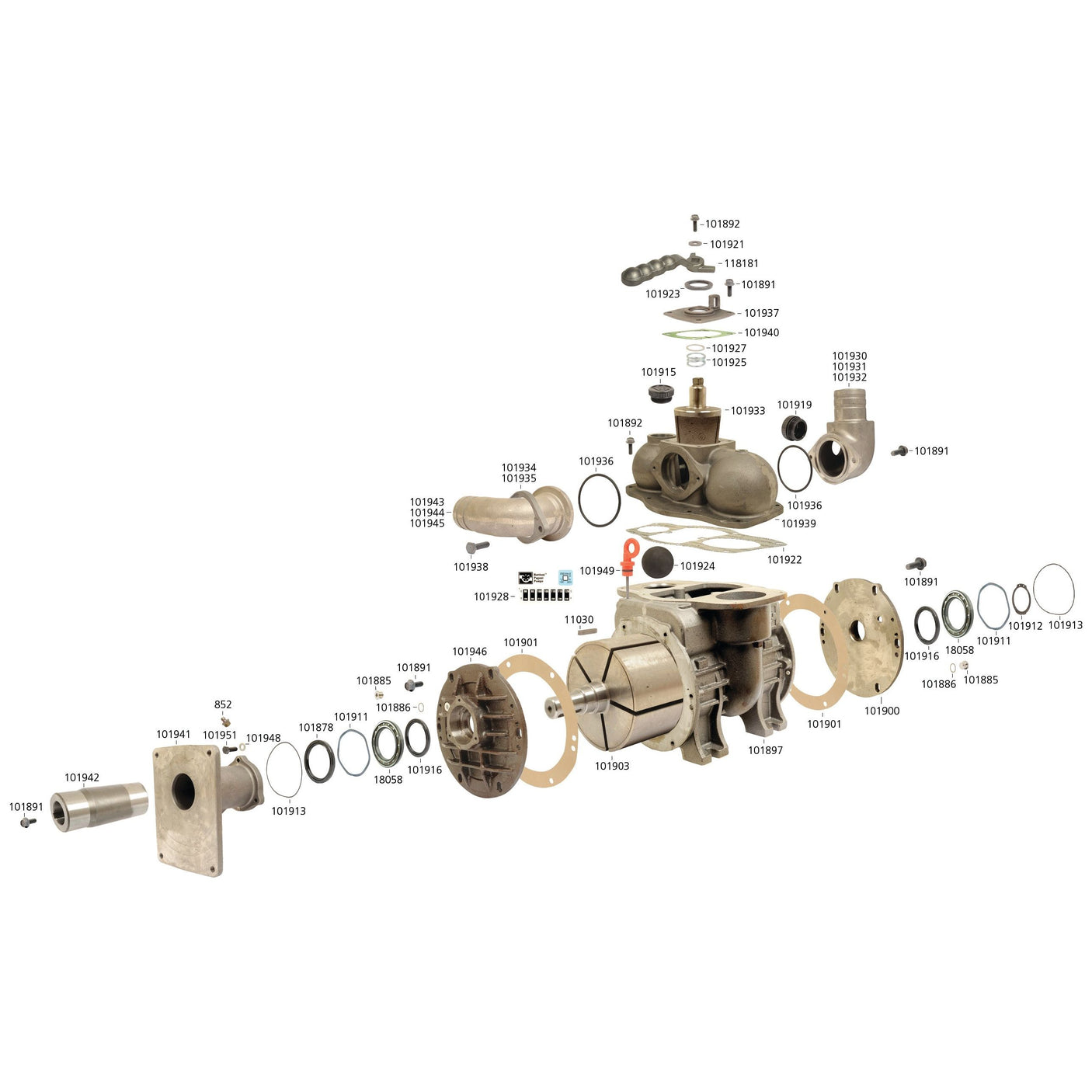 Visual breakdown of a Sparex Vacuum Pump - MEC11000H, hydraulic-driven at 1000 RPM (model S.149224), featuring numbered and labeled components such as gears, shafts, seals, and bolts. The diagram also includes detailed views of the hydraulic motor and identifies manual lubrication points for optimal performance.