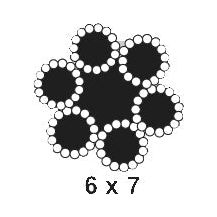 The design features a pattern of six black circles each encircled by 7 smaller white circles, creating a larger circular shape. Below the design is the text "6 x 7." This detailed configuration closely mirrors the structure of the Wire Rope With Nylon Core - Steel, Ø2mm x 200M | Sparex Part No.S.14925 from Sparex.