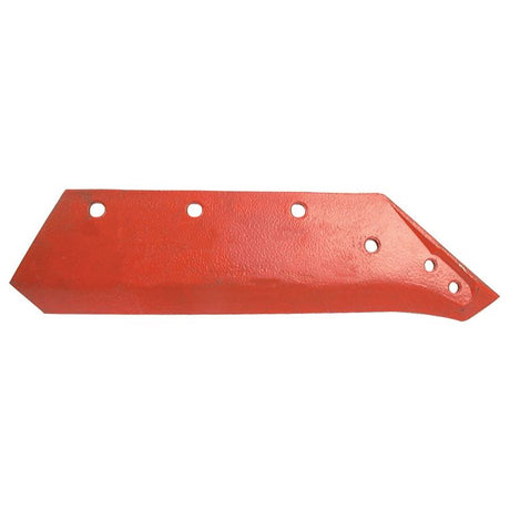 A red metal blade attachment with five holes for mounting, likely part of agricultural or industrial machinery, compatible with Kverneland fasteners. This product is the Share - LH, 18'' (455mm) by Sparex NLA and fits as KK073081 | Sparex Part No.S.149399.