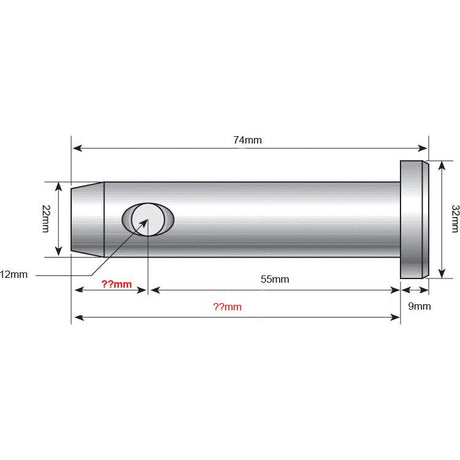 Technical drawing of a cylindrical metal rod titled "Lower link pin 22x55mm Cat. 1," branded by Sparex (Part No. S.15025), featuring various labeled dimensions in millimeters, including a pin diameter of 22mm, an overall length of 74mm, and a height of 12mm. Some measurements are marked with question marks.