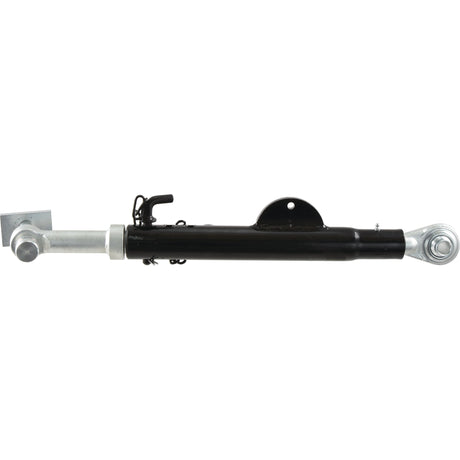 Image of the Sparex Stabiliser - S.150417, a black and silver hydraulic cylinder with mounting brackets on both ends, featuring an attached black control valve and designed for compatibility with Massey Ferguson models.