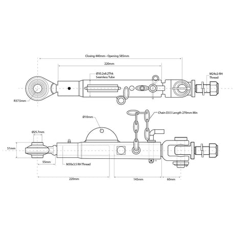 Technical diagram of the Stabiliser - S.150419 by Sparex, detailing the mechanical component with measurements. The diagram includes a seamless tube, chain, and threaded connections. All dimensions and ball size specifications are labeled clearly.