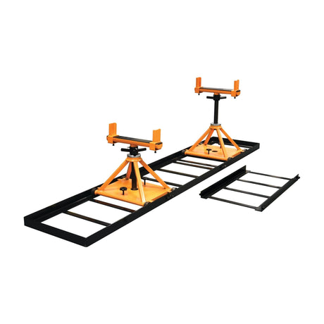 The Tractor Separator - 10T - S.150442 by Sparex, a CE Approved black and orange roller stand, is designed for supporting and maneuvering pipes during installation. It features an adjustable height and includes a separate smaller section for added functionality. This robust jack stand can seamlessly handle up to 10 tons of weight.