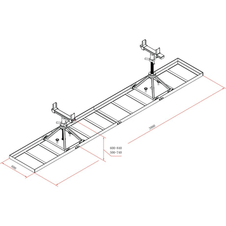 Technical drawing of two CE Approved Sparex Tractor Separator - 10T (S.150442) adjustable support stands on a rectangular base with dimensions marked: 600 to 810 mm in height and 3800 mm in length. Each jack stand is designed to support up to 10 tons.