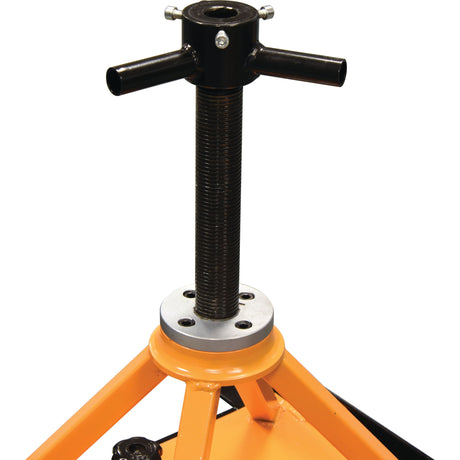 Close-up view of the Sparex Tractor Separator - 10T - S.150442, a CE Approved industrial automotive jack stand with a threaded post and handle adjustments. The base is colored orange. This durable 10-ton jack stand ensures safety and reliability for heavy-duty lifting tasks.