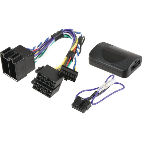 A set of Valtra Plug & Play Wiring Loom (CF0007VTC11) - S.150452 by Sparex, featuring a small black electronic module with multiple attached cables, perfect for integrating steering wheel control with your KENWOOD system.